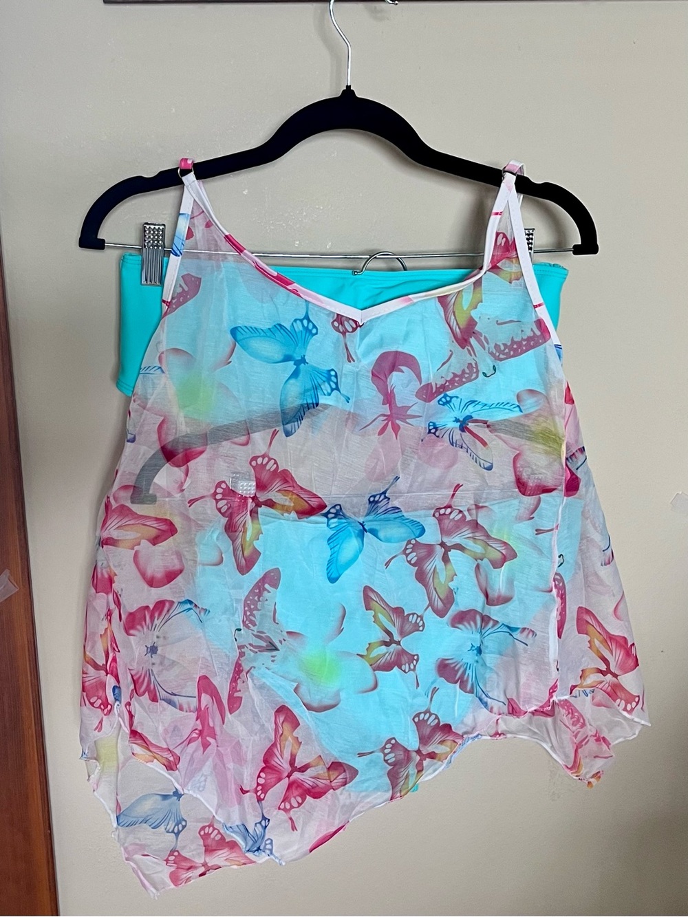 Two-piece aqua bathing suit, with Sheer Butterfly Print Camisole Top Sz M NWOT